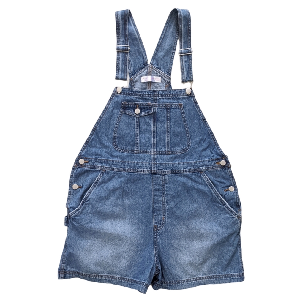 No Boundaries XXL Juniors Denim Shortalls Women's Blue Jean Bib Overalls Shorts